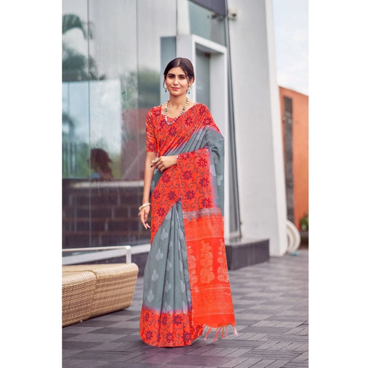 Amfyn Women's Cotton Blend Printed Saree With Unstitched Blouse (Grey, 5-5 Mtrs)