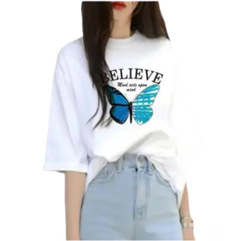 Amfyn Women's Lycra Printed Round Neck Short Sleeve T-Shirt (White)