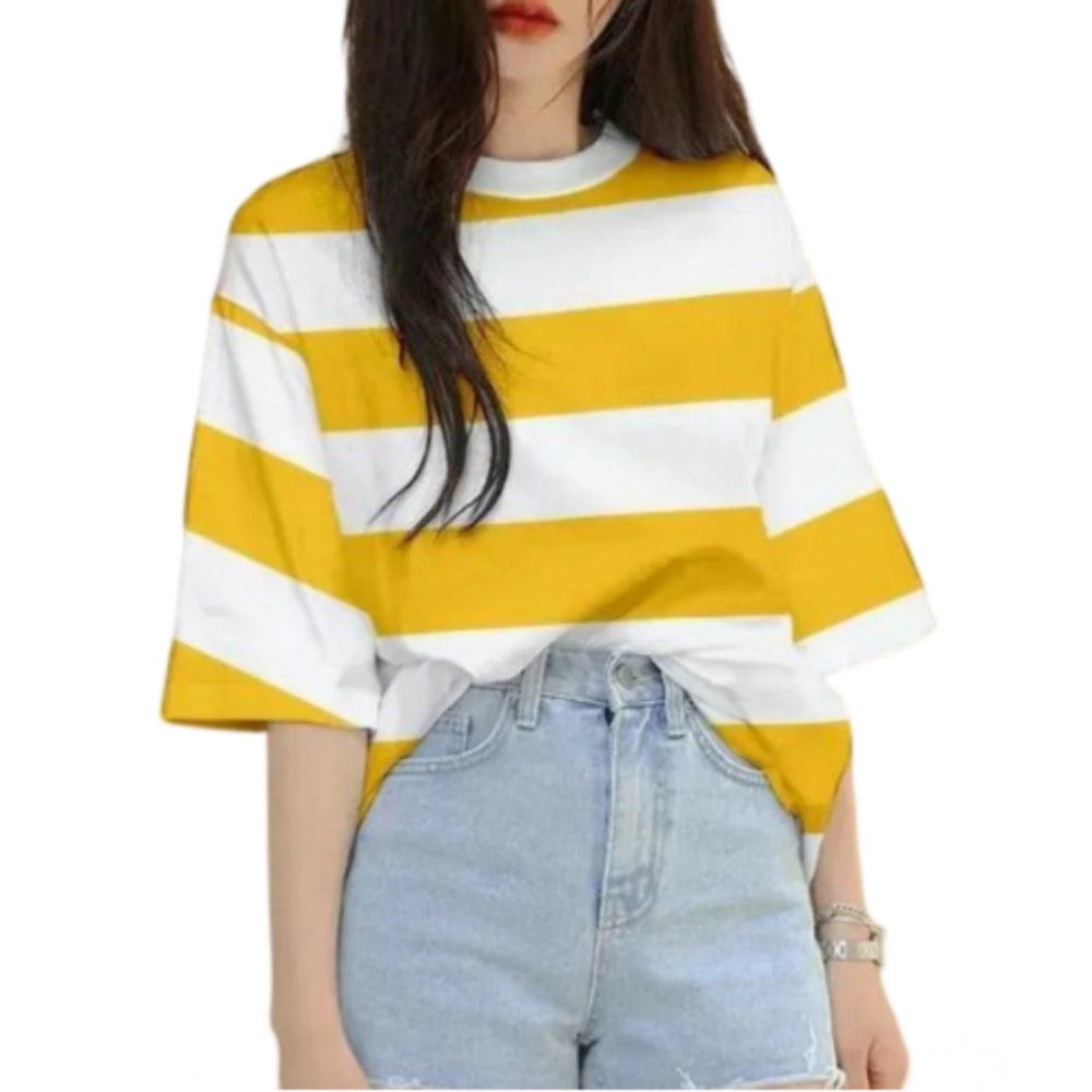 Amfyn Women's Lycra Striped Round Neck Short Sleeve T-Shirt (White-Yellow)