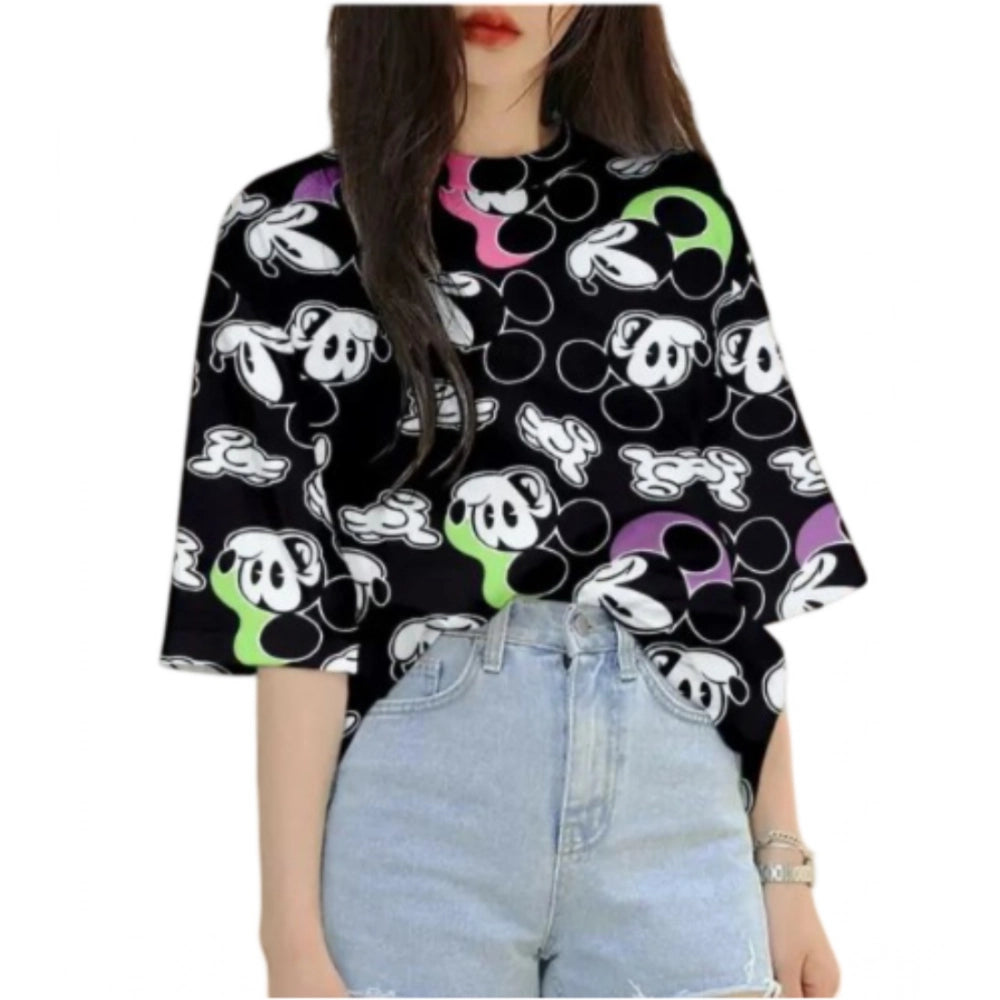 Amfyn Women's Lycra Printed Round Neck Short Sleeve T-Shirt (Black)