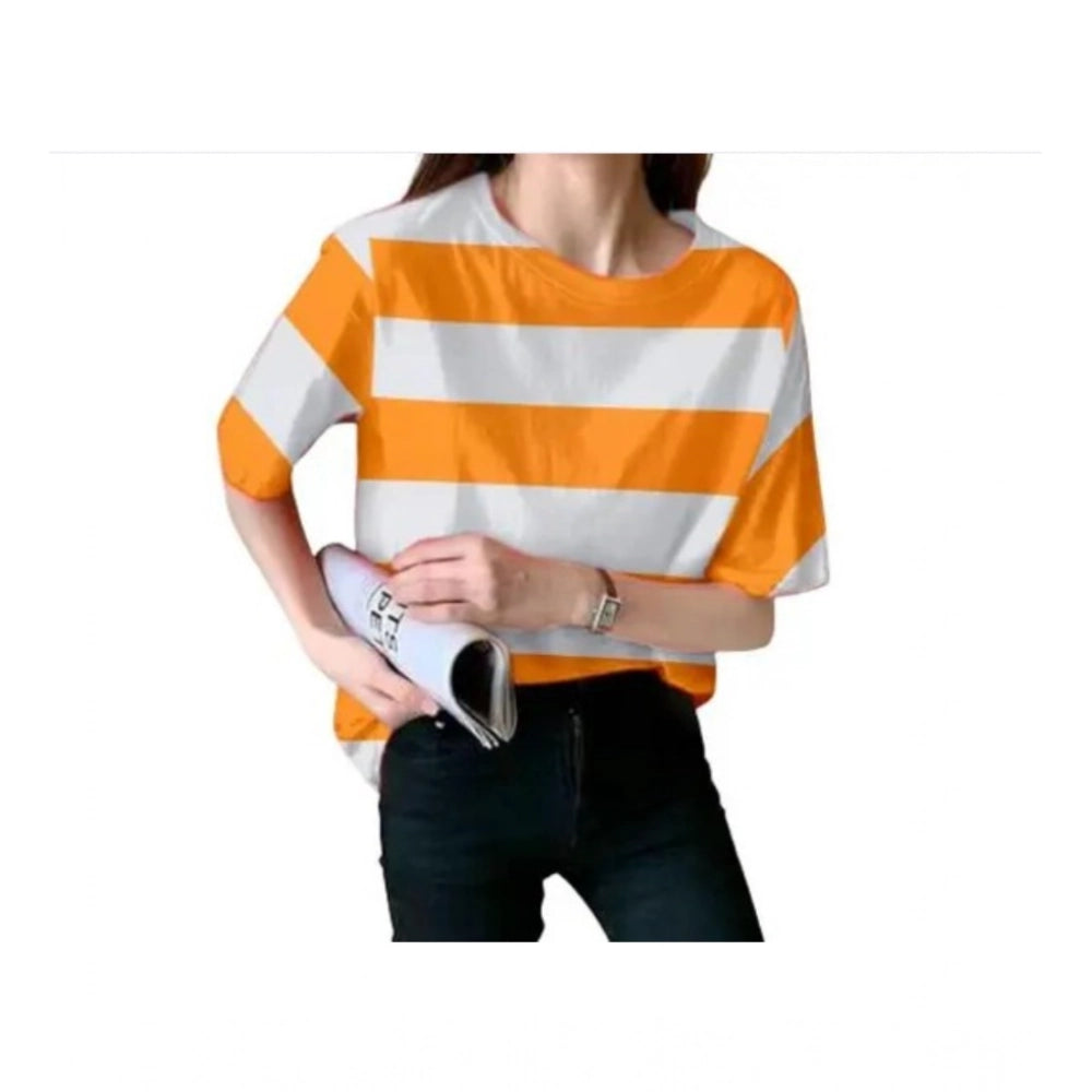 Amfyn Women's Lycra Striped Round Neck Short Sleeve T-Shirt (White-Orange)
