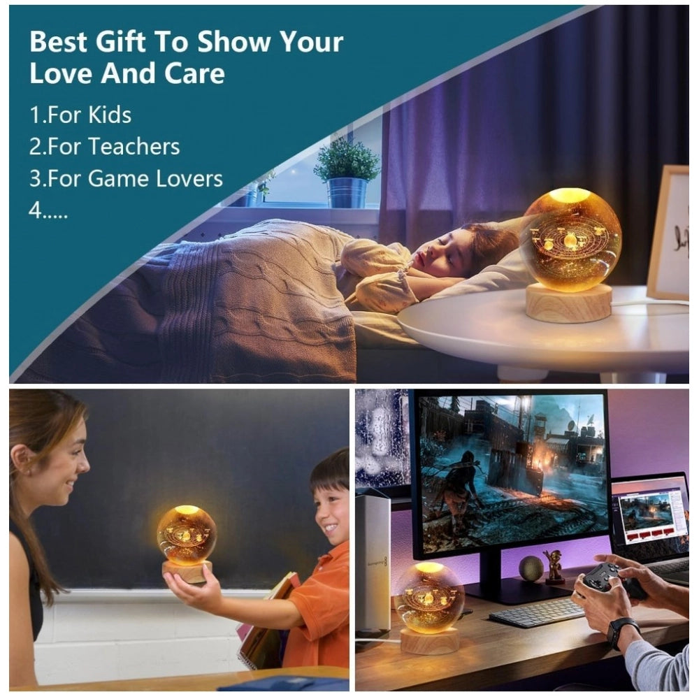 Amfyn Wood 3D Galaxy Crystal Ball Night Lamp Colorful LED Wooden for Solar System (Transparent)