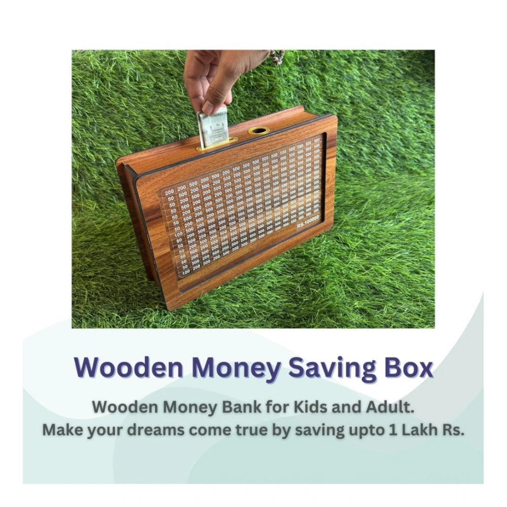 Amfyn Wood Piggy Bank Wooden Coin Box with Carved Design for Kids (Brown)