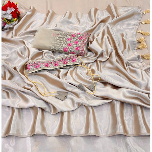 Amfyn Women's Satin Solid Saree With Unstitched Blouse (Beige, 5-5 Mtrs)