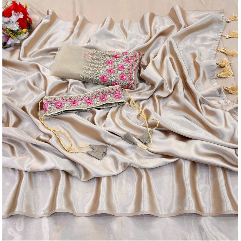 Amfyn Women's Satin Solid Saree With Unstitched Blouse (Beige, 5-5 Mtrs)