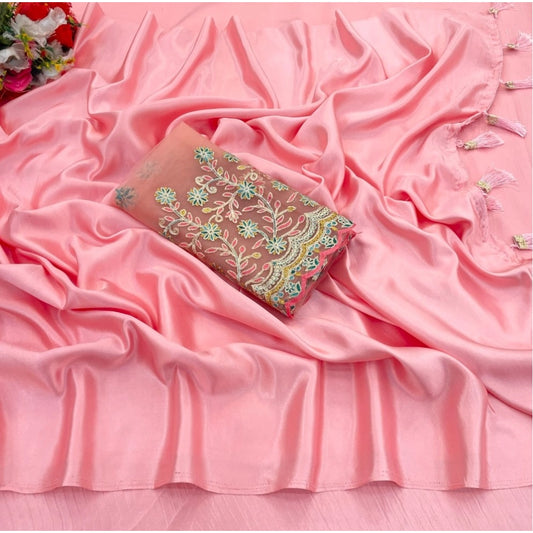 Amfyn Women's Satin Solid Saree With Unstitched Blouse (Pink, 5-5 Mtrs)
