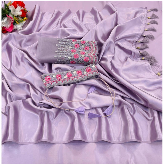 Amfyn Women's Satin Solid Saree With Unstitched Blouse (Purple, 5-5 Mtrs)