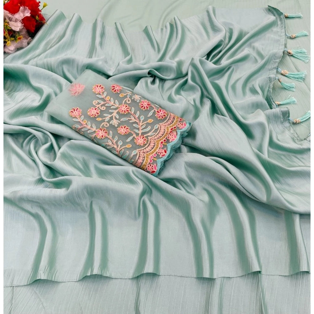 Amfyn Women's Satin Solid Saree With Unstitched Blouse (Skyblue, 5-5 Mtrs)