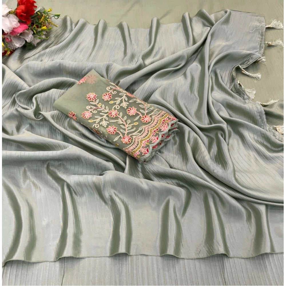 Amfyn Women's Satin Solid Saree With Unstitched Blouse (Grey, 5-5 Mtrs)