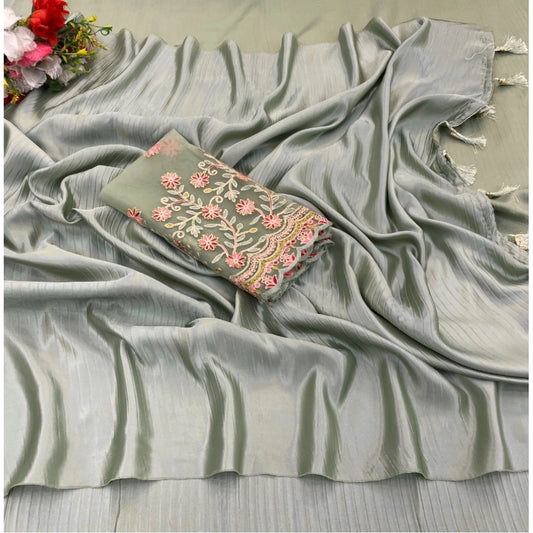 Amfyn Women's Satin Solid Saree With Unstitched Blouse (Grey, 5-5 Mtrs)