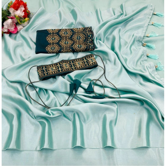 Amfyn Women's Satin Solid Saree With Unstitched Blouse (Skyblue, 5-5 Mtrs)