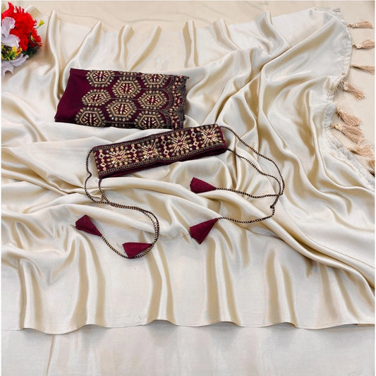 Amfyn Women's Satin Solid Saree With Unstitched Blouse (Begie, 5-5 Mtrs)