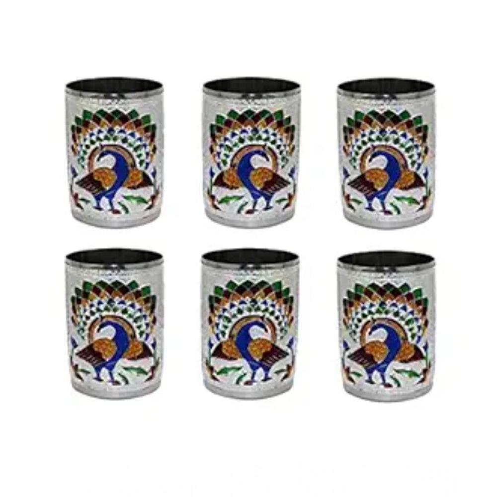 Silver steel tumbler set, colorful peacock meenakari design on six cups