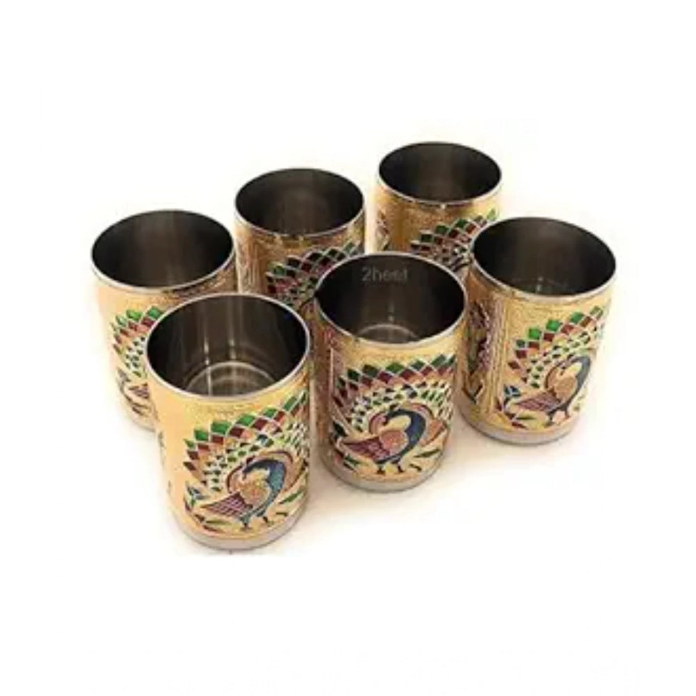 Amfyn Steel Meenakari Peacock Design Decorative Glass Set (Gold)