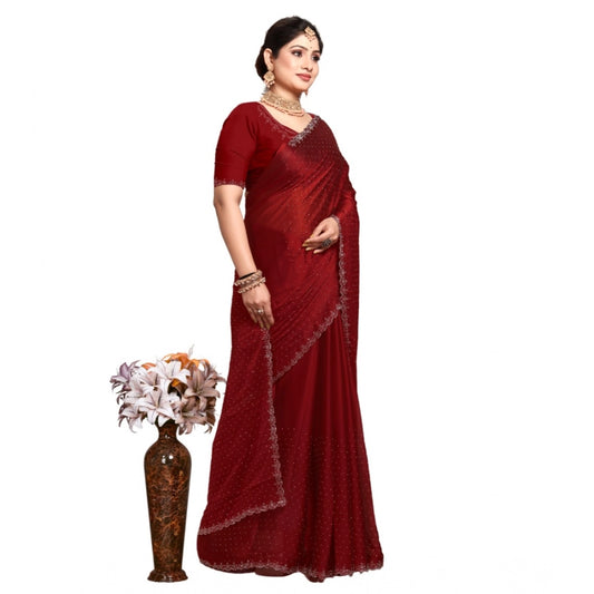Amfyn Women's Georgette Satin Silk Saree With Unstitched Blouse 5.5Mtr (Red)