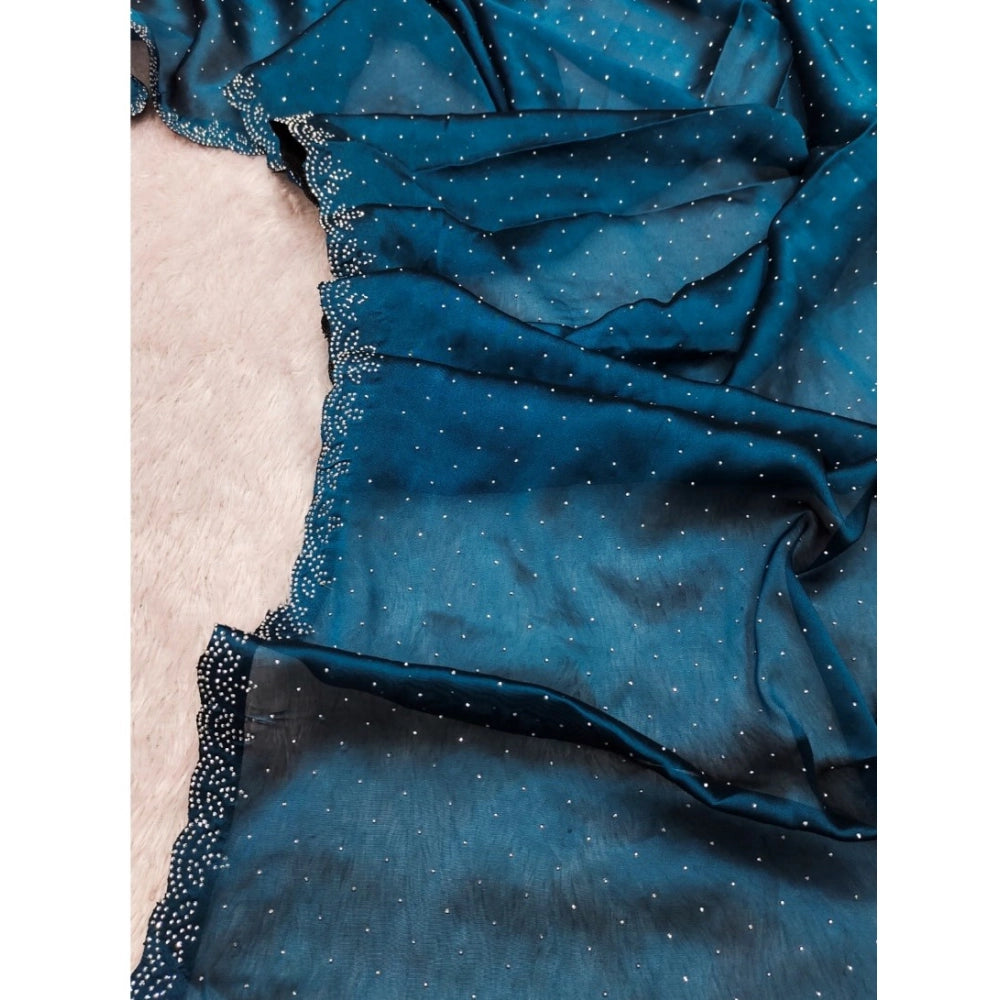 Amfyn Women's Georgette Satin Silk Saree With Unstitched Blouse 5.5Mtr (Blue)