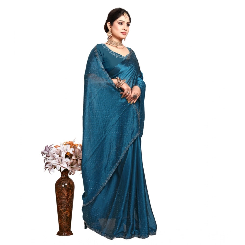 Amfyn Women's Georgette Satin Silk Saree With Unstitched Blouse 5.5Mtr (Blue)