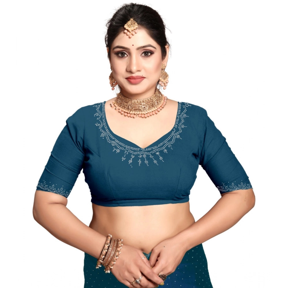 Amfyn Women's Georgette Satin Silk Saree With Unstitched Blouse 5.5Mtr (Blue)