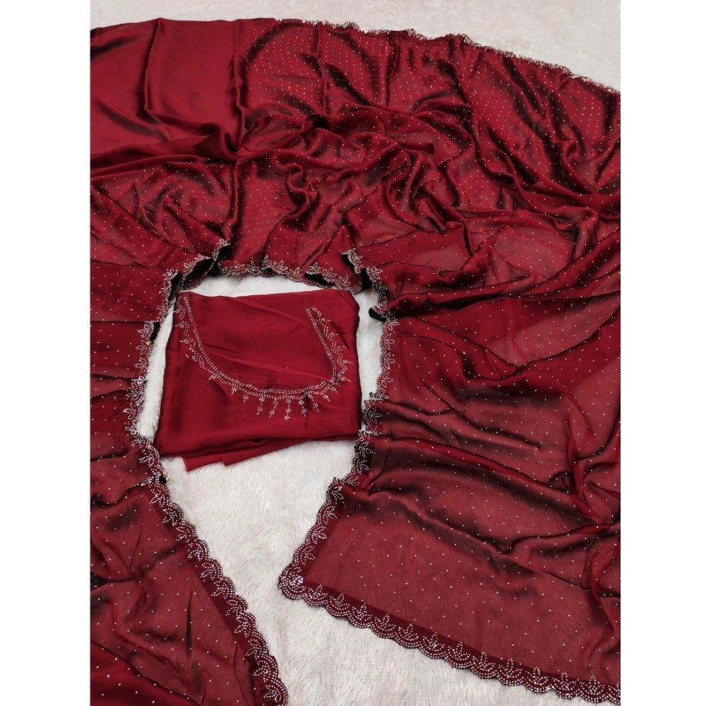 Amfyn Women's Georgette Satin Silk Saree With Unstitched Blouse 5.5Mtr (Red)