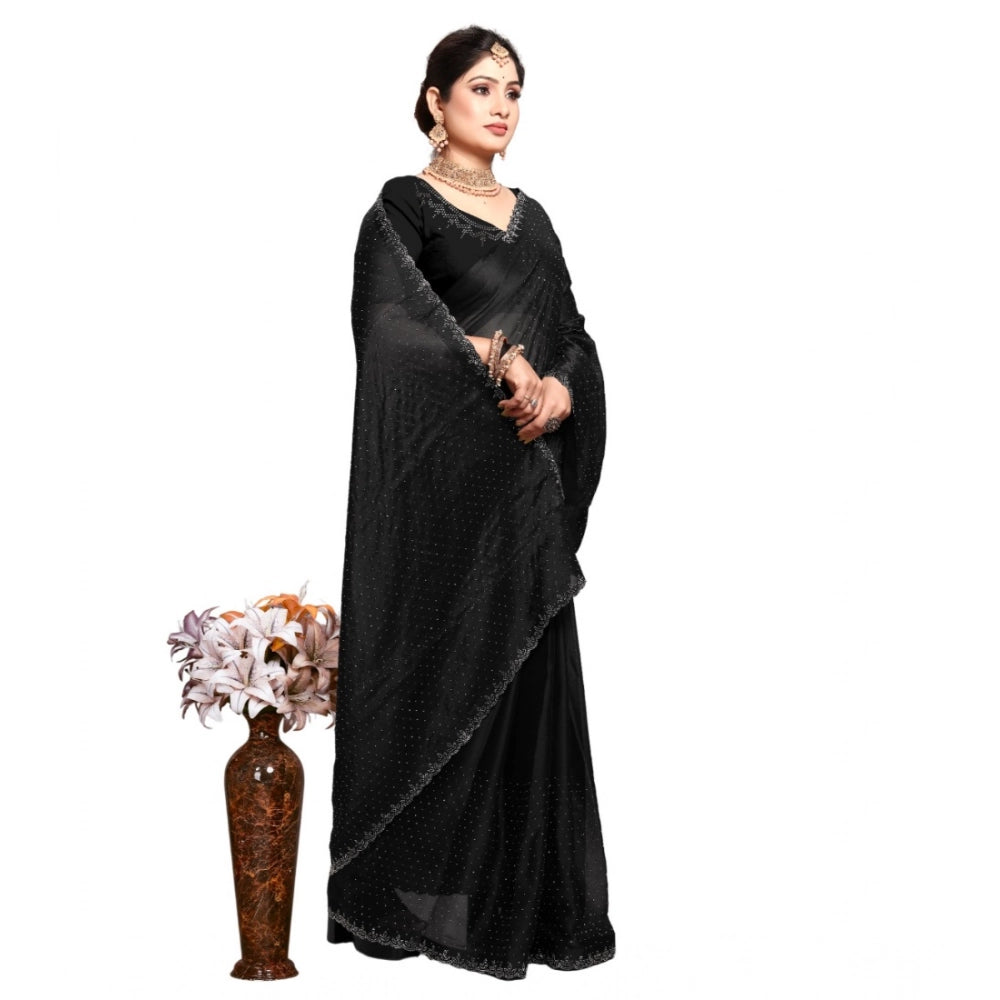 Amfyn Women's Georgette Satin Silk Saree With Unstitched Blouse 5.5Mtr (Black)