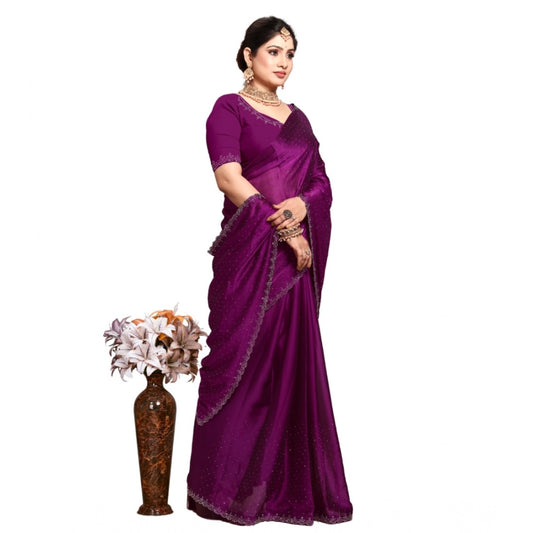 Amfyn Women's Georgette Satin Silk Saree With Unstitched Blouse 5.5Mtr (Wine)