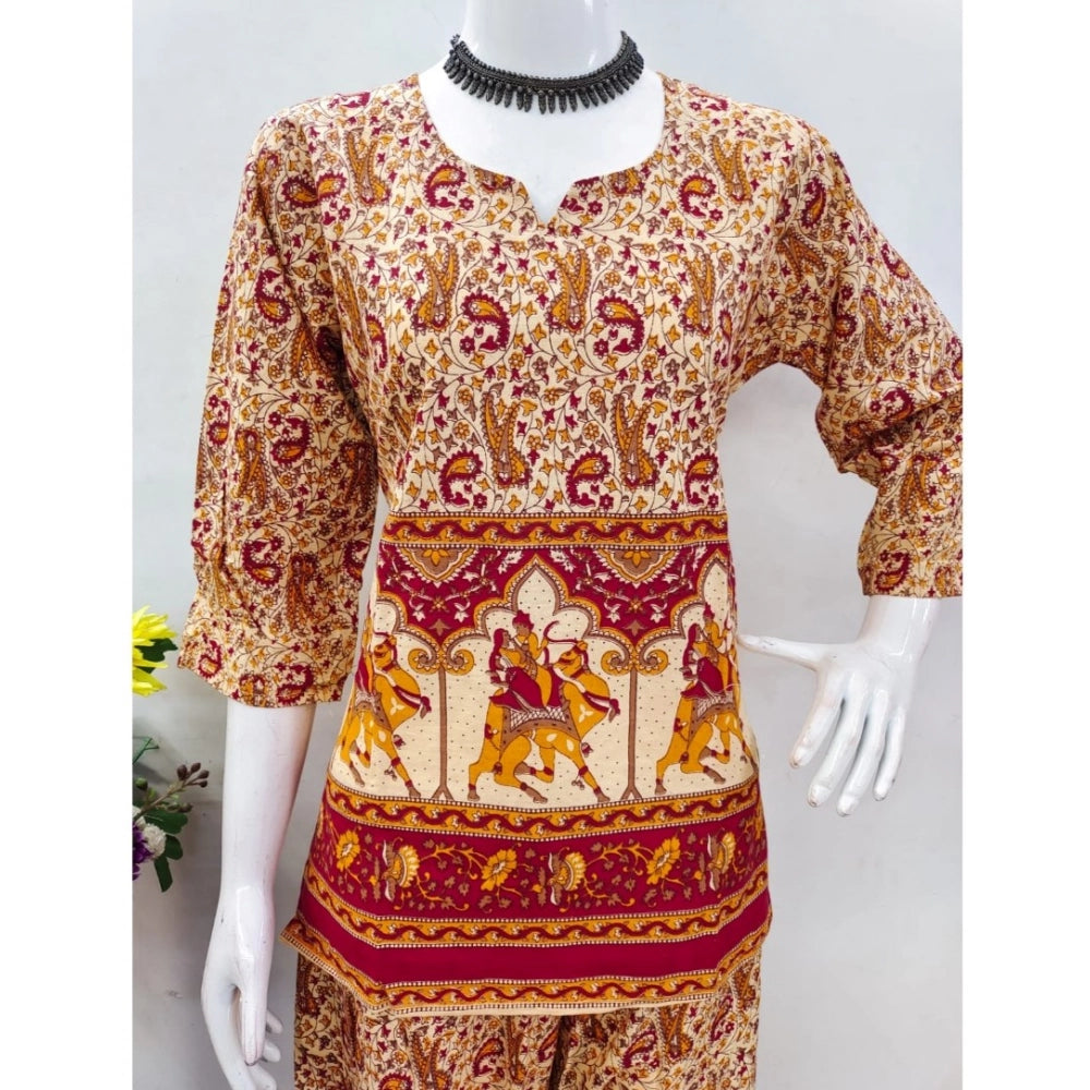 Amfyn Women's Cotton Jaipuri Printed 3-4th Sleeve Co ord Set (Multicolor)