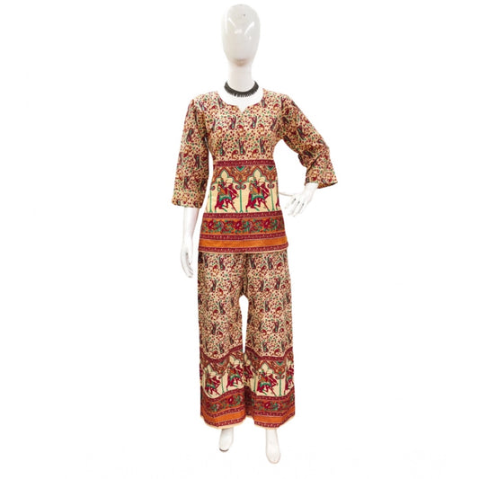 Amfyn Women's Cotton Jaipuri Printed 3-4th Sleeve Co ord Set (Multicolor)