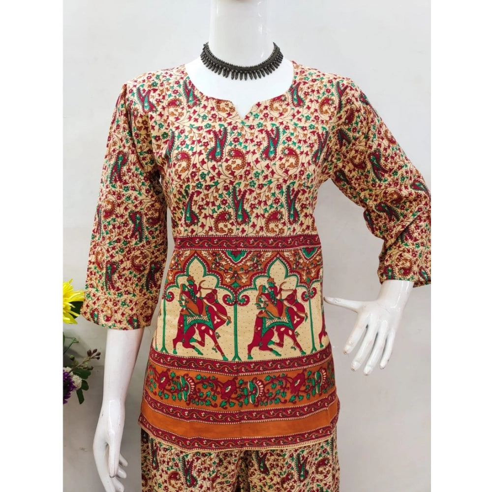 Amfyn Women's Cotton Jaipuri Printed 3-4th Sleeve Co ord Set (Multicolor)