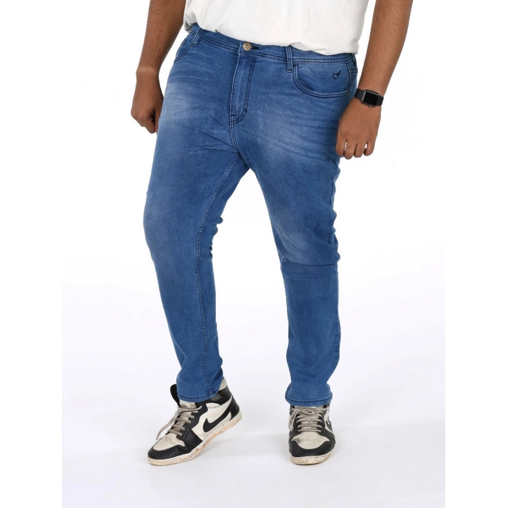 Amfyn Men's Cotton Blended Solid Plus Size Jeans (Blue)
