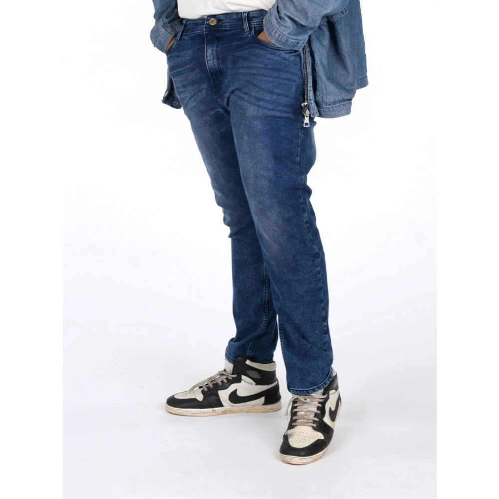 Amfyn Men's Cotton Blended Solid Plus Size Jeans (Blue)