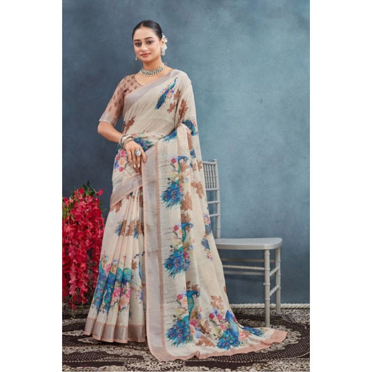 Amfyn Women's Linen Floral Printed Saree With Unstitched Blouse 5.5Mtr (Beige)