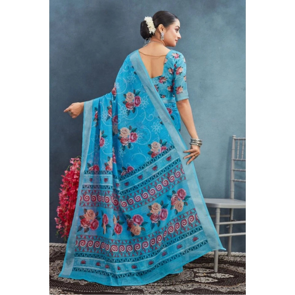 Amfyn Women's Linen Floral Printed Saree With Unstitched Blouse 5.5Mtr (Blue)
