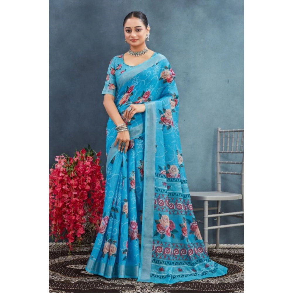 Amfyn Women's Linen Floral Printed Saree With Unstitched Blouse 5.5Mtr (Blue)