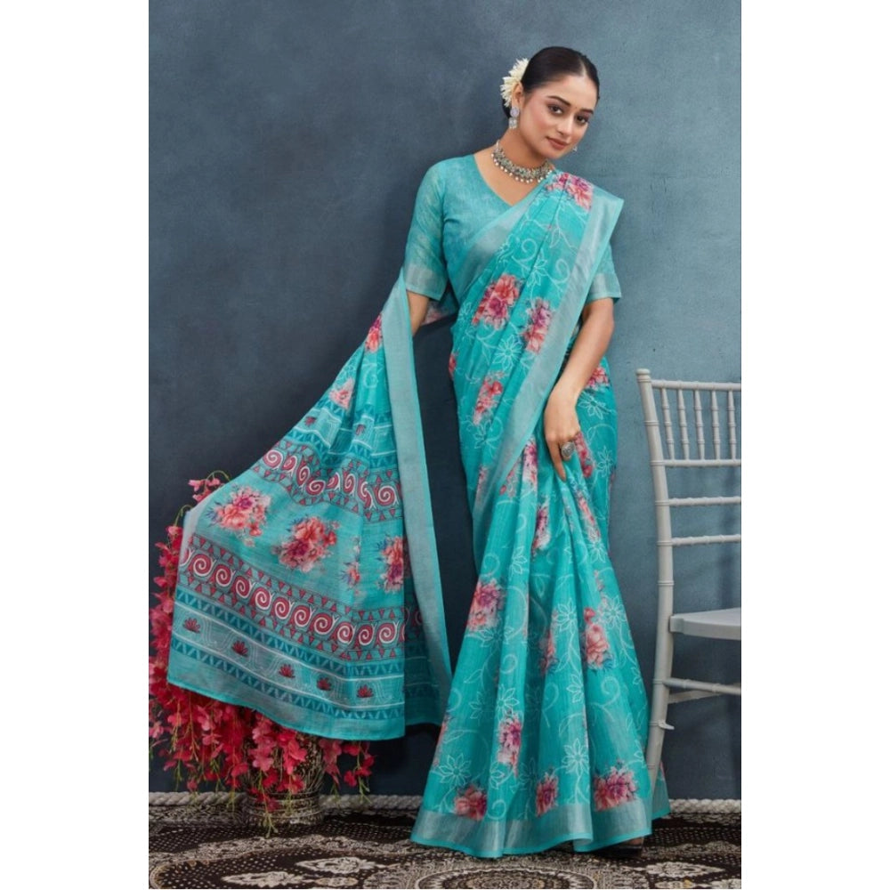 Amfyn Women's Linen Floral Printed Saree With Unstitched Blouse 5.5Mtr (Aqua)
