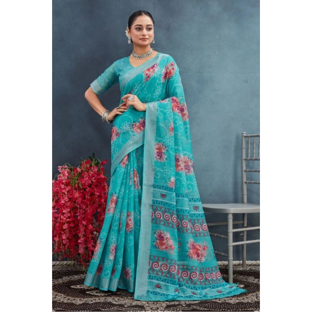 Amfyn Women's Linen Floral Printed Saree With Unstitched Blouse 5.5Mtr (Aqua)