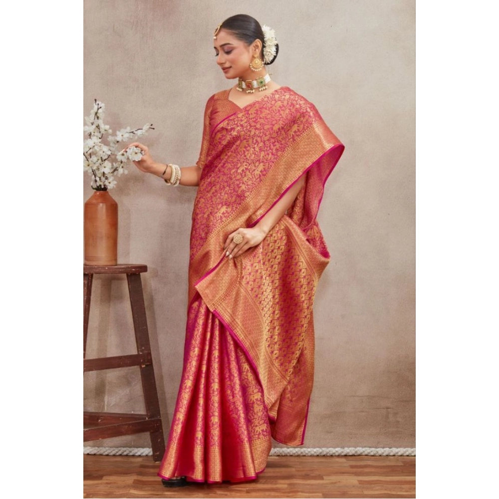 Amfyn Women's Silk Blend Floral Printed Saree With Unstitched Blouse 5.5Mtr (Pink)