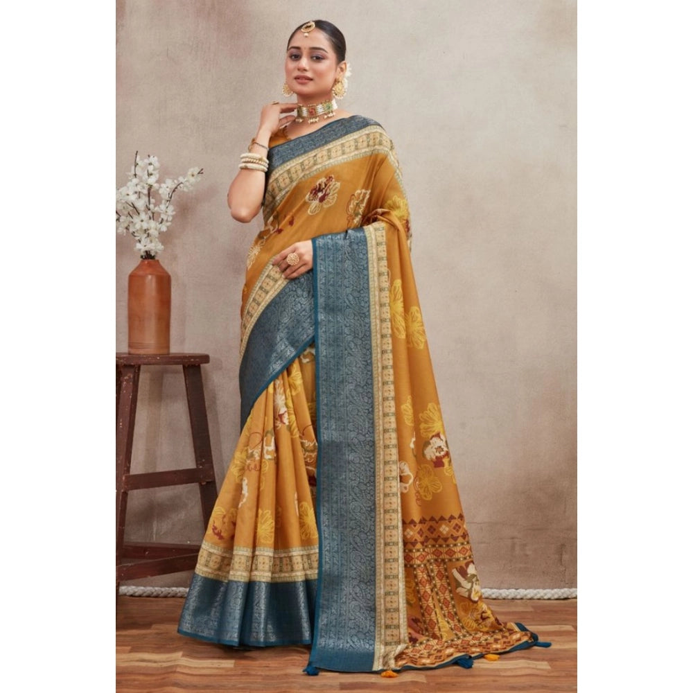 Amfyn Women's Crepe Silk Printed Saree With Unstitched Blouse 5.5Mtr (Mustard)