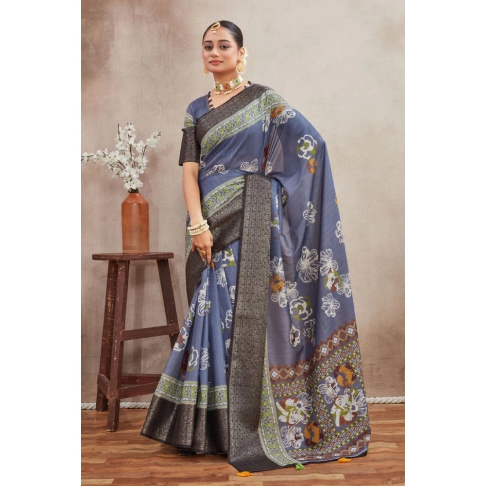 Amfyn Women's Crepe Silk Printed Saree With Unstitched Blouse 5.5Mtr (Grey)