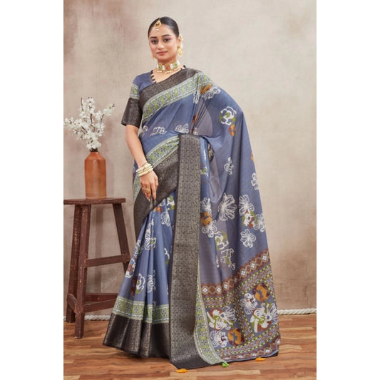 Amfyn Women's Crepe Silk Printed Saree With Unstitched Blouse 5.5Mtr (Grey)