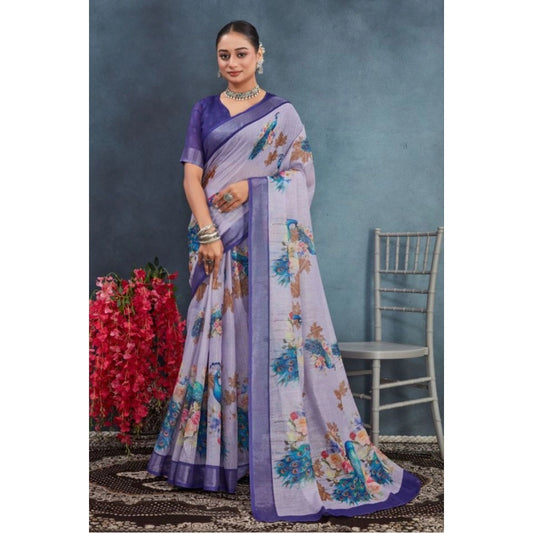 Amfyn Women's Linen Floral Printed Saree With Unstitched Blouse 5.5Mtr (Purple)