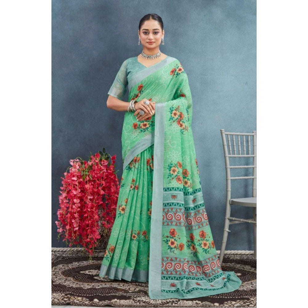 Amfyn Women's Linen Floral Printed Saree With Unstitched Blouse 5.5Mtr (Green)