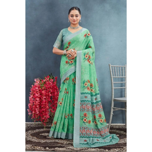 Amfyn Women's Linen Floral Printed Saree With Unstitched Blouse 5.5Mtr (Green)