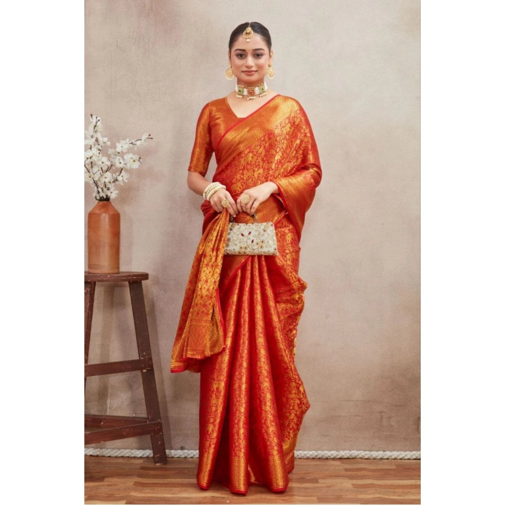 Amfyn Women's Silk Blend Floral Printed Saree With Unstitched Blouse 5.5Mtr (Red)