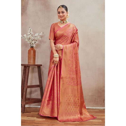 Amfyn Women's Silk Blend Floral Printed Saree With Unstitched Blouse 5.5Mtr (Peach)