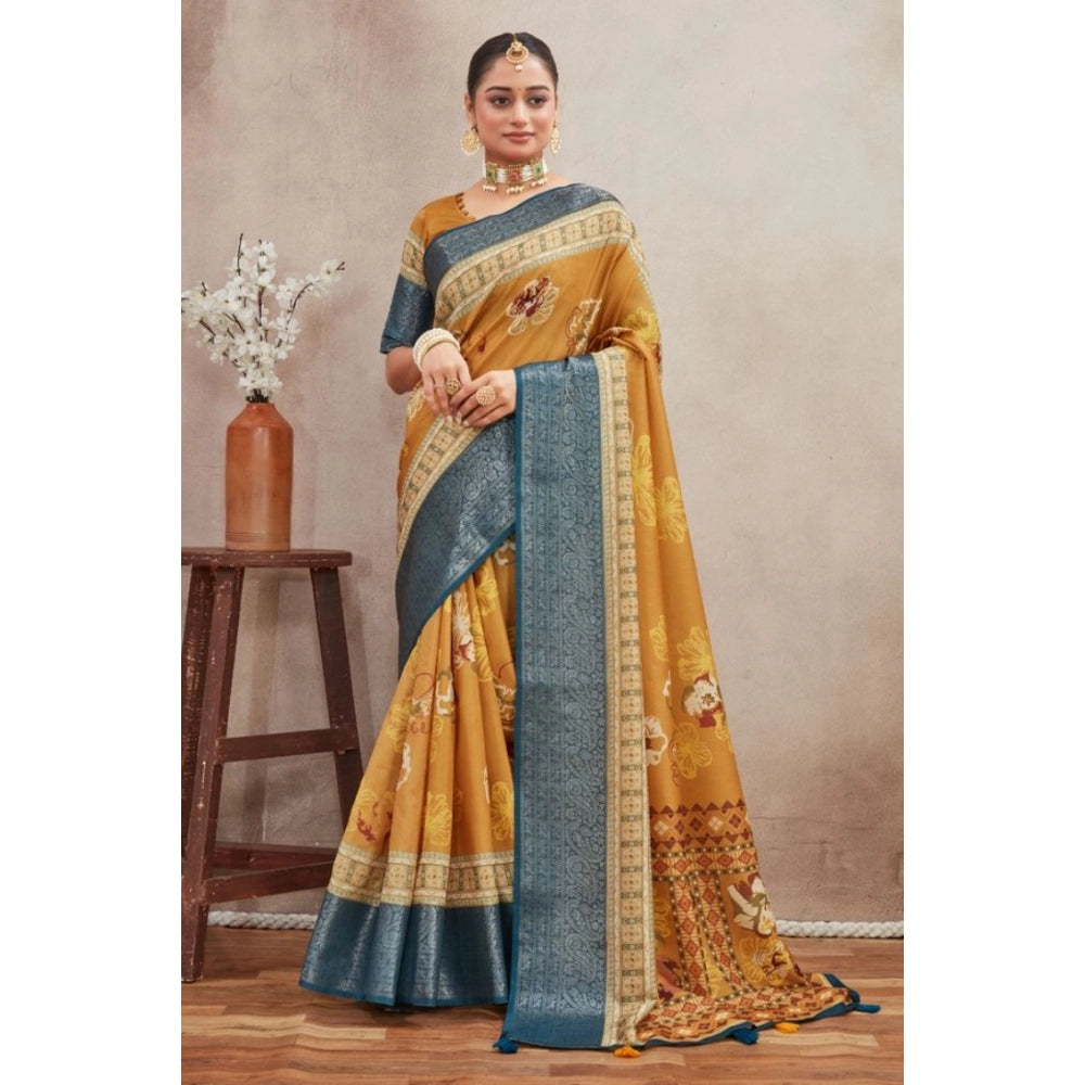 Amfyn Women's Crepe Silk Printed Saree With Unstitched Blouse 5.5Mtr (Mustard)