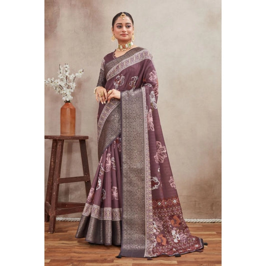 Amfyn Women's Crepe Silk Printed Saree With Unstitched Blouse 5.5Mtr (purple)