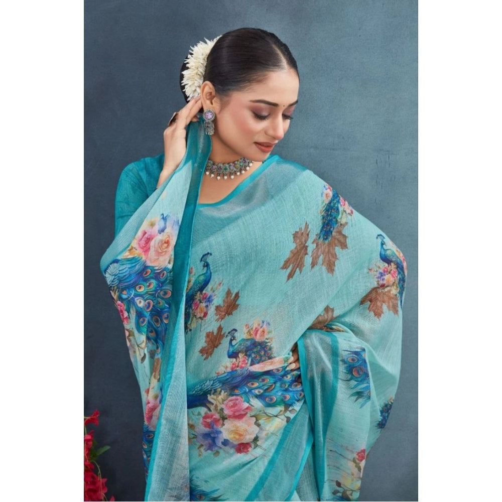 Amfyn Women's Linen Floral Printed Saree With Unstitched Blouse 5.5Mtr (Aqua)