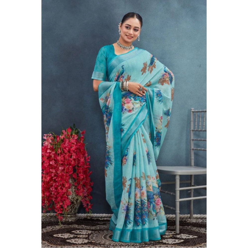 Amfyn Women's Linen Floral Printed Saree With Unstitched Blouse 5.5Mtr (Aqua)