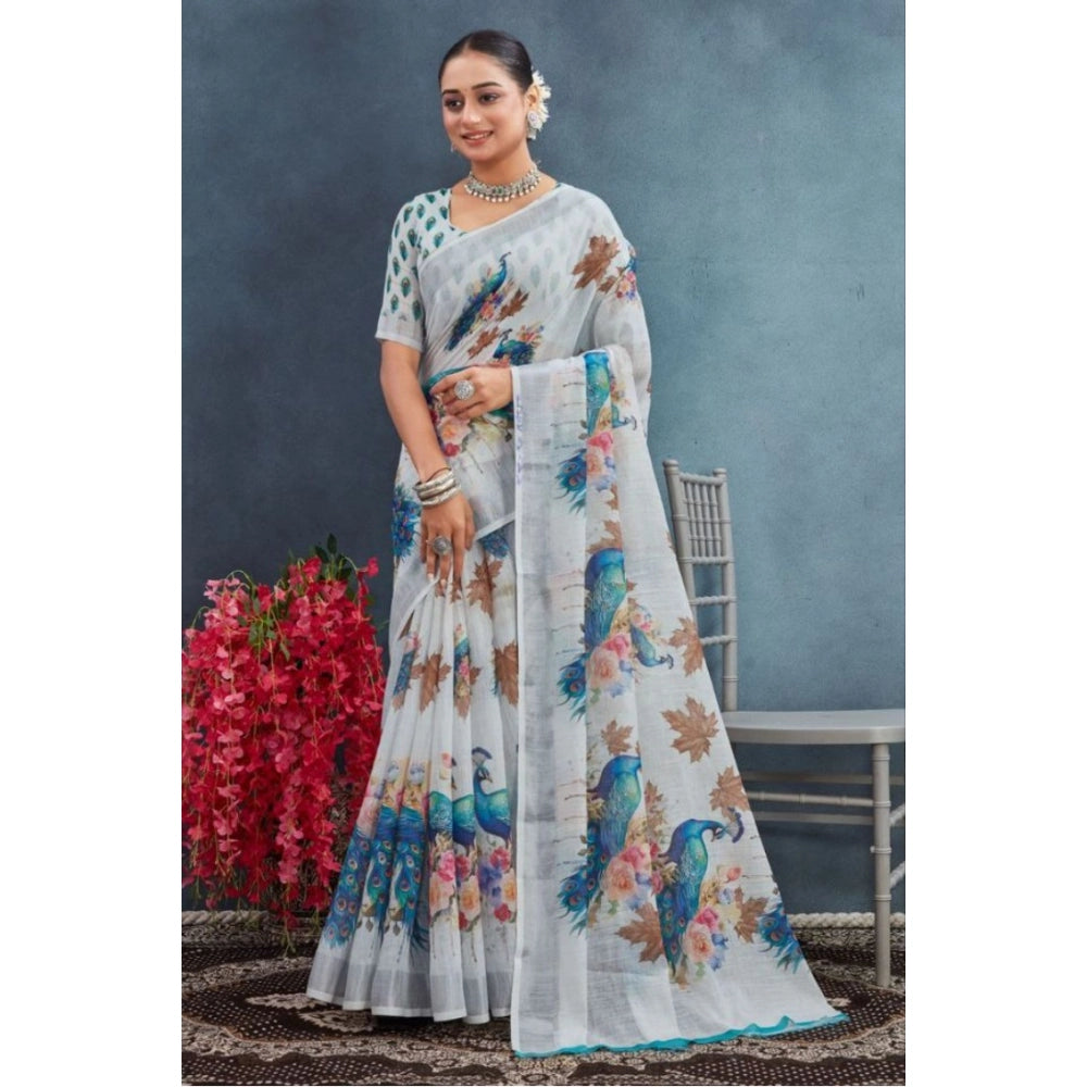 Amfyn Women's Linen Floral Printed Saree With Unstitched Blouse 5.5Mtr (Off-White)