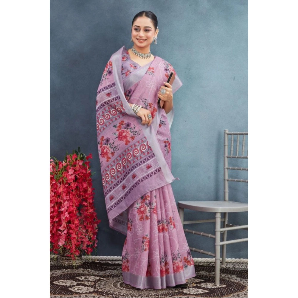 Amfyn Women's Linen Floral Printed Saree With Unstitched Blouse 5.5Mtr (Purple)
